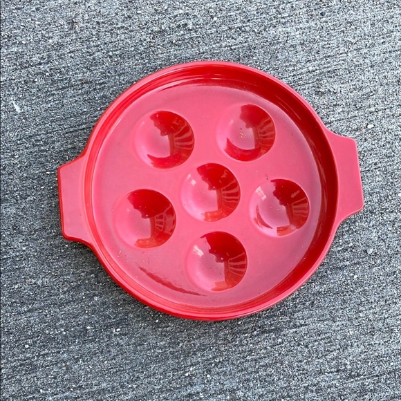 Vintage Red Enamel Coated Porcelain Escargot Appetizer Oven Dishes Deviled Eggs - Picture 1 of 4